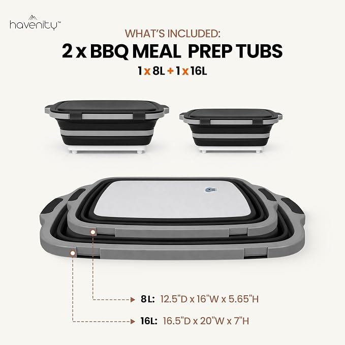 BBQ Prep Tub 2 Pack (8L+16L) - Multifunctional Collapsible Camping Cutting Board with Upgraded Locking lid, Meal Prep Meat Storage Container Perfect for Grilling, Outdoor Cooking (Large + XL)