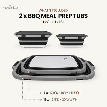BBQ Prep Tub 2 Pack (8L+16L) - Multifunctional Collapsible Camping Cutting Board with Upgraded Locking lid, Meal Prep Meat Storage Container Perfect for Grilling, Outdoor Cooking (Large + XL)