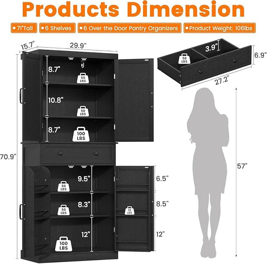 kepptory 72" Tall Kitchen Pantry Cabinet, Black Pantry Storage Cabinet with Adjustable Shelves, Barn Doors and Drawer, Farmhouse Cupboard for Kitchen, Dining Room, Bathroom (16" D x 30" W x 72" H)