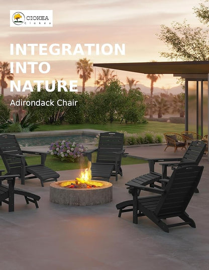 Ciokea Folding Adirondack Chair Set of 4 with Retractable Ottoman Fire Pit Patio Chair with Pull Out Foot Rest Weather Resistant Lawn Outdoor Chair with 2 Cup Holder (Black)