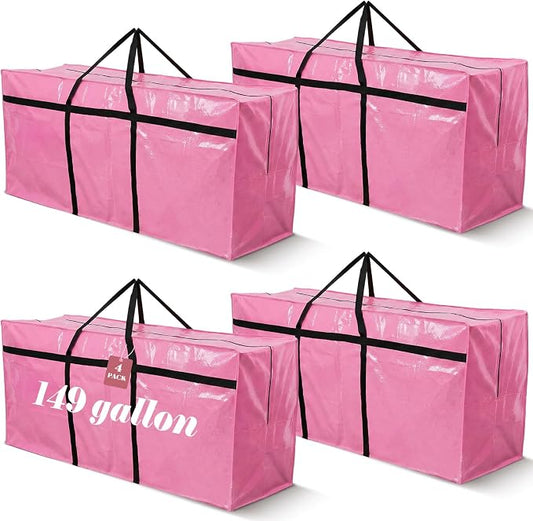 4 Pcs 149 Gallon Extra Large Moving Bags Heavy Duty Storage Bag with Strong Zipper Handle Foldable XXL Jumbo Storage Tote Packing Moving Box for College Dorm Travel Cloth Duffle (Pink)