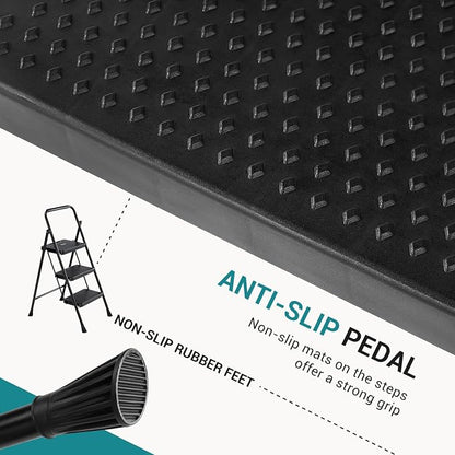 OLIXIS 3 Step Ladder, 800lbs Foldable Step Stool with Anti-Slip Pedal | Heavy Duty Portable Stepping Stool with Sturdy Steel Ladder & Handrail, for Kitchen, Garage, Outdoor Use - Black