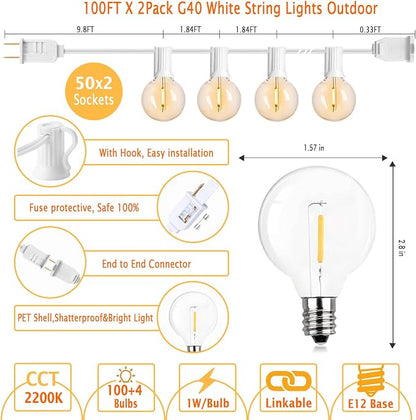 200Ft White String Lights for Outside Patio Light Waterproof with 104 Bulbs | 2200K Warm White,White Cord,Linkable bistro lights outdoor for Wedding Pergola Porch Backyard