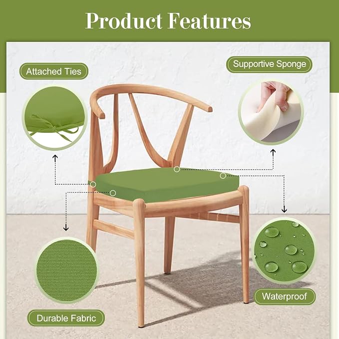 Cozyide Outdoor Chair Cushions, Waterproof Patio Seat Cushions with Adjustable Straps, Round Corner Patio Chair Cushions for Garden, Grass Green, 17x16x2 Inch (Pack of 4)