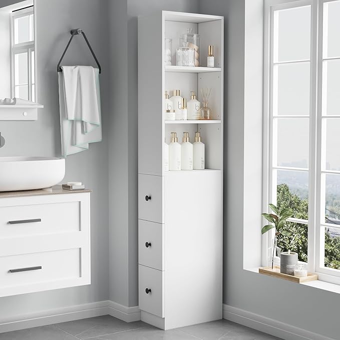 ARTETHYS Storage Cabinet Tall Narrow Bathroom Organizer Set of 2 with 3-Level Adjustable Shelves Slim Free Standing Space Saver for Living Room Kitchen, Classic White