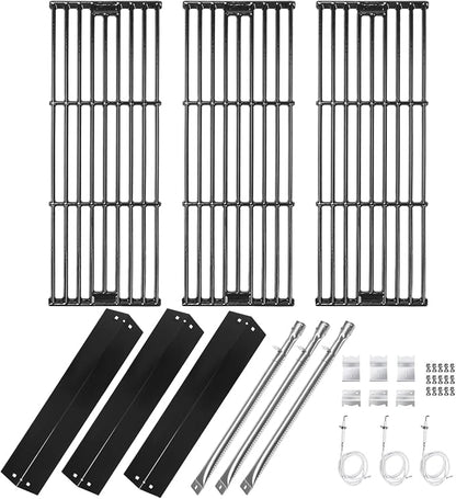 Hisencn Replacement Parts for CharGriller 5050, 3001, 3008, 4000, 3030 | Stainless Steel Burner, Porcelain Steel Heat Plate, Porcelain Cast Iron Cooking Grid Grates for Char-Griller Gas Grill Models