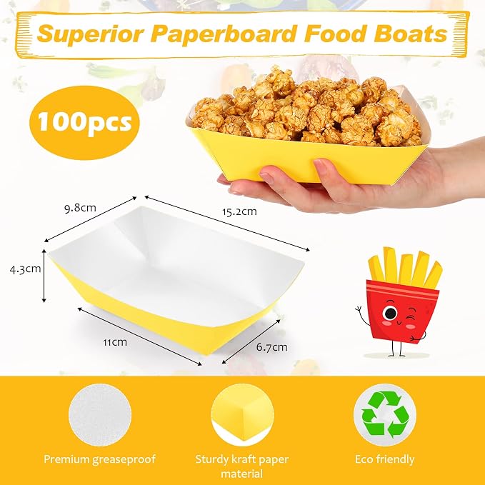 100 Pcs 2lb Paper Food Trays Boat Nacho Boats for Hot Dogs, Yellow | Grease-Resistant, Disposable Kraft Paper Boat for Tacos Concession, Food Trucks, Birthday, Wedding, Christmas, Halloween