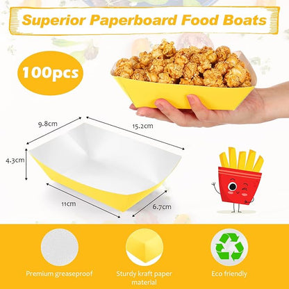 100 Pcs 2lb Paper Food Trays Boat Nacho Boats for Hot Dogs, Yellow | Grease-Resistant, Disposable Kraft Paper Boat for Tacos Concession, Food Trucks, Birthday, Wedding, Christmas, Halloween