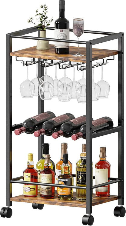 Bar Cart, Home Bar Serving Cart, Mobile Kitchen Carts with Wheels, Small Rolling Cart with Wine Rack and Glass Holders, Rolling Beverage Cart for Kitchen, Dining Room, Living Room, Rustic Brown