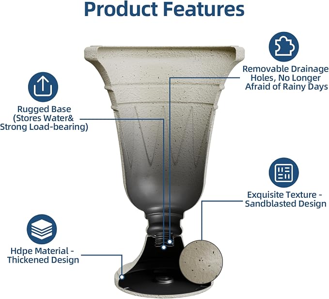 24" Tall Urn Planters for Outdoor Plants, Urns and Pedestal, Beige | Resin HDPE Weather-Resistant Material, Vintage Trophy Design Outdoor Planters with Drainage Holes, Flower Pot/Vase/Porch Door