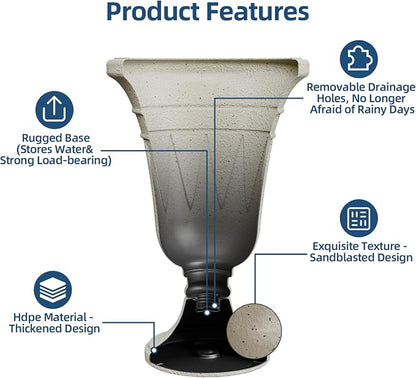 24" Tall Urn Planters for Outdoor Plants, Urns and Pedestal, Beige | Resin HDPE Weather-Resistant Material, Vintage Trophy Design Outdoor Planters with Drainage Holes, Flower Pot/Vase/Porch Door