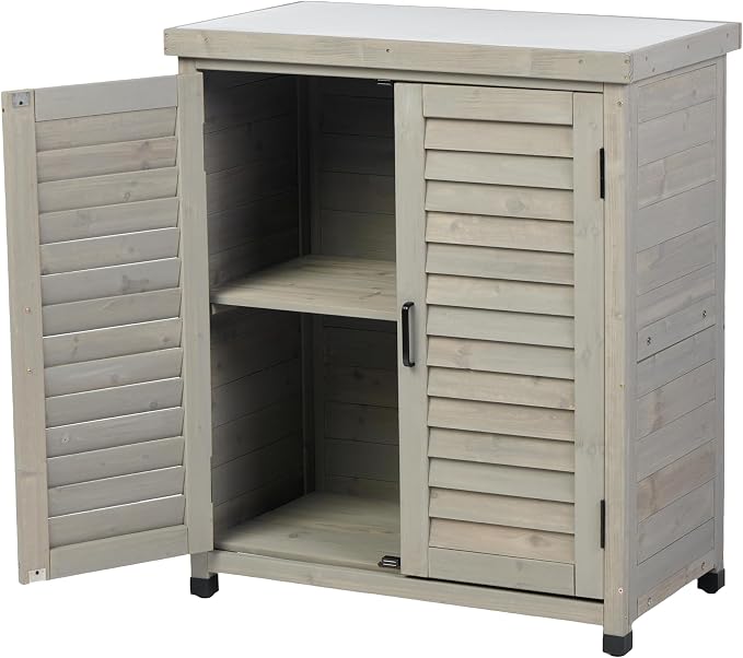 KEIKI Outdoor Potting Bench with Storage Cabinet & Metal Table Top, Weatherproof Garden Workstation, Hemlock Wood