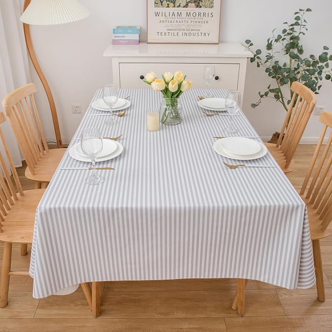 LIBERECOO Vinyl Tablecloth with Flannel Backing, 60 x 102 Scottish Grey Stripe Stain-Resistant Rectangle PVC Flannel Backed Table Cover Waterproof Wipeable for Indoor and Outdoor