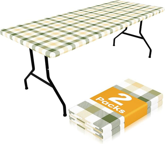 Smiry Picnic Table Cloth 2 Pack, Waterproof Elastic Fitted Tablecloths for 8FT Rectangle Tables, Washable Polyester Buffalo Plaid Tablecloth for Easter & Outdoor (Sage Green & Beige, 30" x 96")