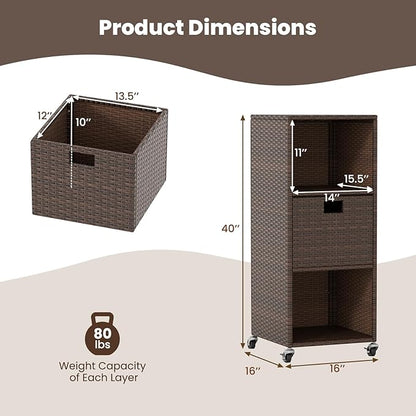 Tangkula Rattan Outdoor Storage Cabinet, Patiojoy Outdoor Wicker Cabinet with 3 Shelves, 1 Removable Drawer, 4 Wheels, Patio Storage Deck Box Cart for Backyard Poolside Porch (Mix Brown)