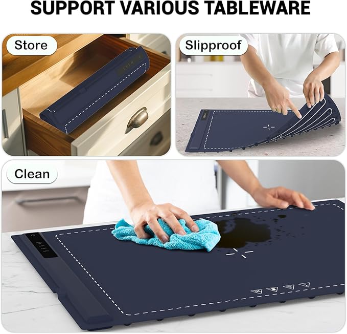 Electric Warming Tray - 3 Modes &Full Surface Heating,Rollable & Portable,Premium Silicone Nano-Material,3 Temperature Settings,Auto Shut-Off -Versatile Food Warmer for Gatherings,Parties (Dark Blue)