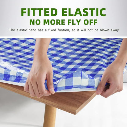 UMINEUX Rectangle Picnic Table Cover with Bench Covers, Fitted Vinyl Tablecloth for 6 FT Tables, Waterproof, Flannel Backing, Elastic Edge (30 x 72 Inch, Blue Plaid)