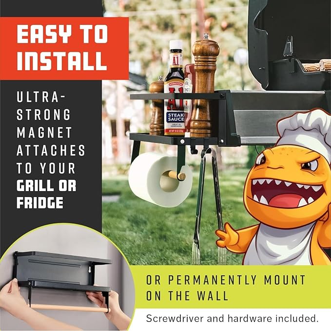 Grillzilla Grill Accessories Magnetic Grill Caddy & Organizer - Black Portable Powder-Coated Iron - BBQ Shelf & Tool Holder with Heavy Duty Magnets for Refrigerator & Oven - Foldable Design