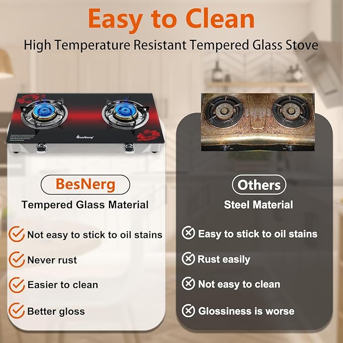 2 Burner Propane Gas Stove with Auto Ignition, 29000 BTU High-Efficiency Heavy-Duty Tempered Glass Cooktop, CSA Regulator & Hose Included, for Outdoor Camping Emergency