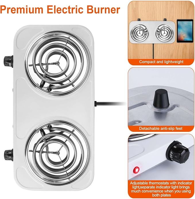 2000W Double Burner, Electric Hot Plate for Cooking Portable Cooking Stove, Countertop Burner Cooktop for Kitchen, Dorm, Temperature Control, Easy to Clean, Black