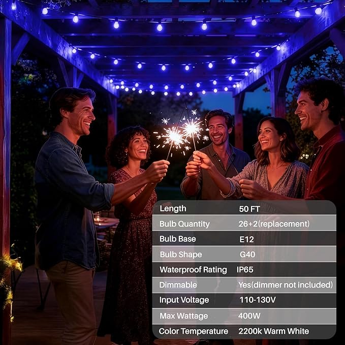 50 FT Blue Outdoor String Lights G40 Globe Shatterproof Patio Lights,26 Plastic Edison Bulbs(2 Spare) IP65 Waterproof Dimmable LED Bulbs for Backyard Porch Balcony Party Decor, E12 Base