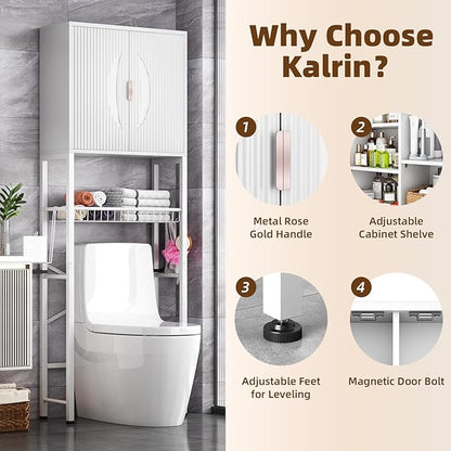 Kalrin Over The Toilet Storage Cabinet with Fluted Wave Doors and Adjustable Shelf, Wood Over Toilet Storage Rack with Drain Basket, Freestanding Bathroom Organizer for Balcony Laundry, Pure White