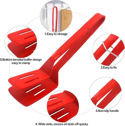 Silicone Cooking Tongs 11" Stainless Steel, BBQ Clamp Spatula for Grilling | 11-inch silicone tongs, stainless steel BBQ spatula clamp for bread, steak, fish, salad, red, heat-resistant