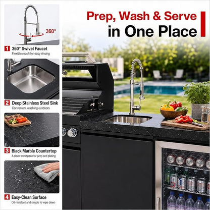 82-Inch Outdoor Kitchen Island, 6-Burner 85,000 BTU Modular Propane Gas Stainless Steel BBQ Grill with Refrigerator, Rotisserie Kit, Stainless Steel Countertop, Storage Cabinets & Drawers, Black