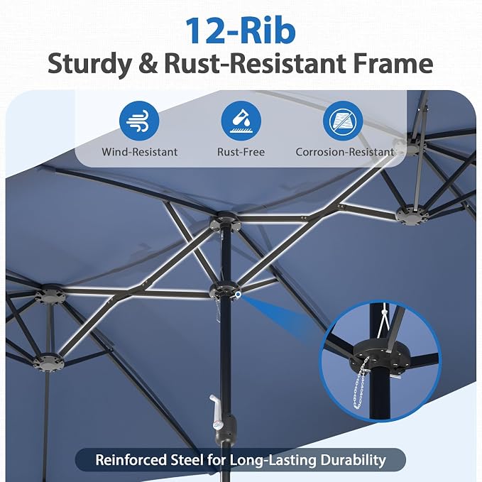 HOPERAN 15FT Patio Umbrella with Base Included, Large Outdoor Double-Sided Rectangle Table Umbrella with Easy Crank Lift, Market Umbrella for Backyard, Pool&Garden