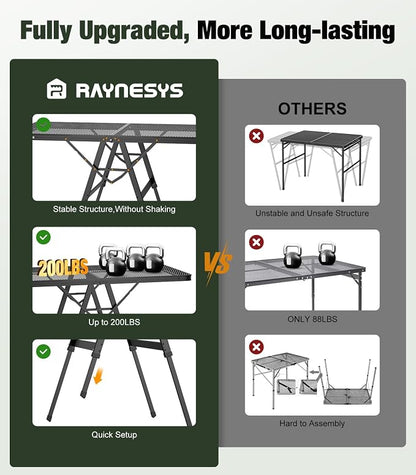 Raynesys Portable Folding Grill Table for Ourdoor, Camping, Picnic, BBQ | Foldable Grill Table with Mesh Desktop, 200lbs 4Ft Height Adjustable Metal Table, 47.24" L x 23.62" W