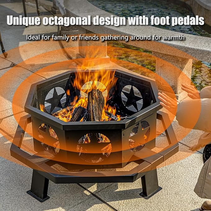 Panovue 35 inch Fire Pit for Outside, Heavy Duty Wood Burning Fire Pits with Fire Poker, Outdoor Octagonal Firepit for Camping, Yard, Patio