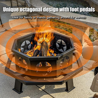 Panovue 35 inch Fire Pit for Outside, Heavy Duty Wood Burning Fire Pits with Fire Poker, Outdoor Octagonal Firepit for Camping, Yard, Patio