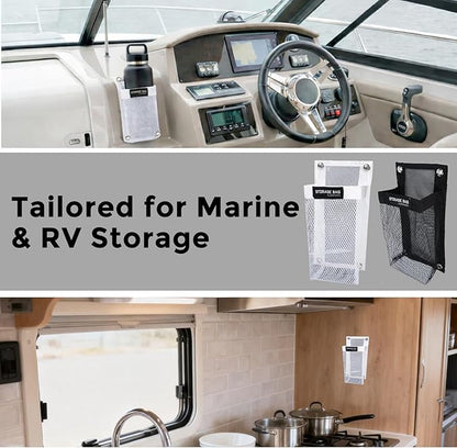 Marine Mesh Single-Pocket Boat Gear Storage Bag, Black Large Fabric Boat Cup Holder, Screw Snap Mount (White, Small)