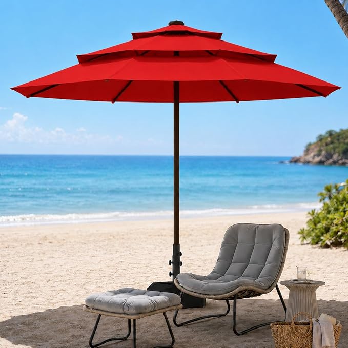 10ft Patio Umbrella, 3-Tier Vented Outdoor Table Umbrella with 8 Sturdy Fiberglass Ribs, Windproof Market Umbrella with Push Button Tilt and Crank, UV Protection for Deck, Pool, Red
