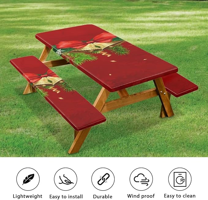 Christmas Elastic Fitted Table Cloth for Camping Party Christmas Bells Picnic Table Cover with Bench Covers 3 PCS for Outdoors