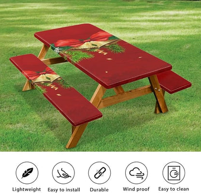 Christmas Elastic Fitted Table Cloth for Camping Party Christmas Bells Picnic Table Cover with Bench Covers 3 PCS for Outdoors