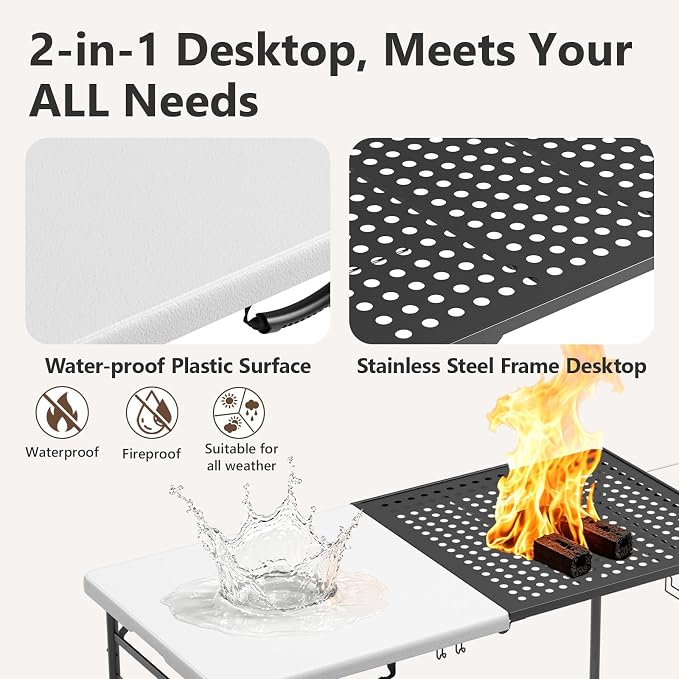 2 Pack 5ft Folding Table for Picnic Camping, Portable Outdoor Table with Metal Grid Grilling Surface, Heavy Duty Foldable Table for Cook Prep,Suitable for Camping, Backyard, Patio and Beach.