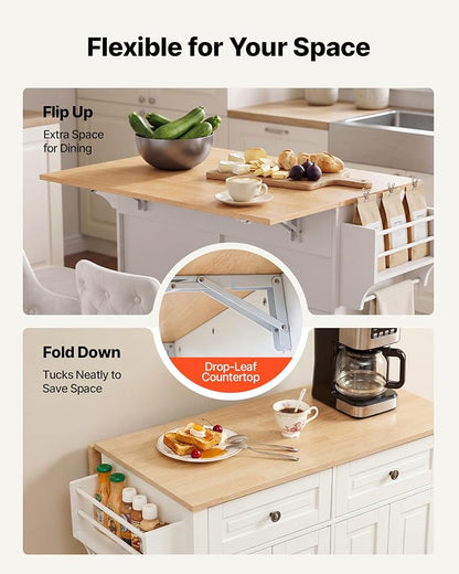 VEVOR Kitchen Island Cart with Storage, 43.58 in Wide Mobile Rolling Storage Island on Swivel Wheels, with 2 Drawers, Storage Cabinet, Drop Leaf, Spice/Towel Rack, Table for Home Dining Room, White