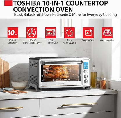 TOSHIBA 10-in-1 Convection Toaster Oven, 6-Slice Countertop Oven, 1500W | Bake, Broil, Rotisserie & Pizza Functions, LCD Knob Controls, 6 Accessories, with Toast, 1500W, Stainless Steel