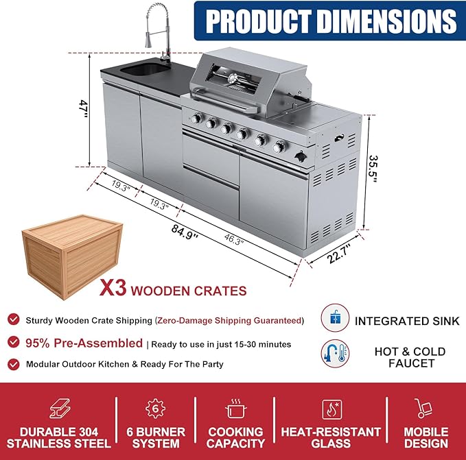 Outdoor Kitchen Island, BBQ Gas Grill, 6-Burner Propane Gas Grill with Rear & Side Burner, 75,300 BTU Stainless Steel Barbecue Grill with Sink & Granite Countertops for Patio Backyard (Silver-84.9")