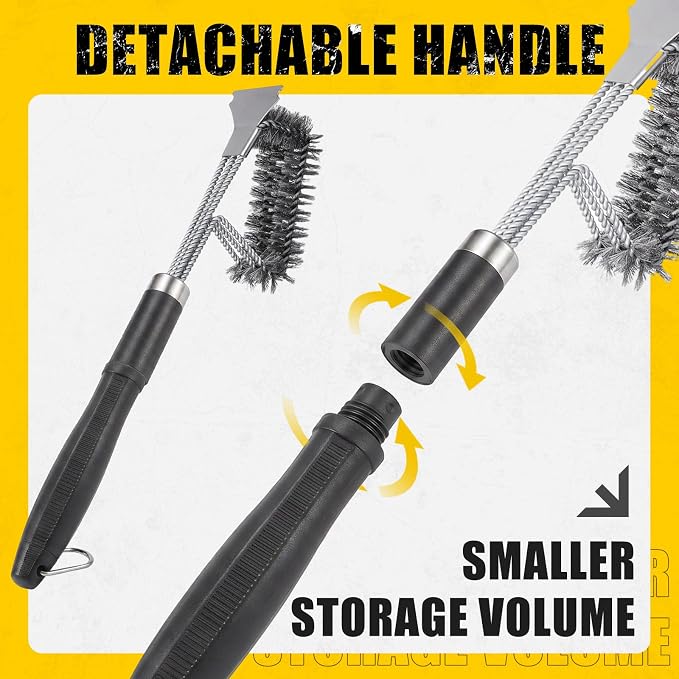 Grill Brush with Detachable Handle, Non-Slip BBQ Grill Brush for Outdoor Grill, 18 Inch Stainless Steel Grill Cleaning Brush with Scraper, Space Saving Grill Cleaner for Gas/Charcoal Grates