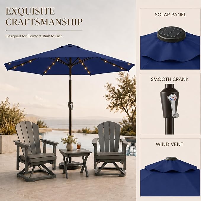 10FT Solar Lighted Patio Umbrella, Outdoor Table Market Umbrellas with Push Button Tilt and Crank, 32 LED Lights, 8 Sturdy Ribs, UV-Resistant for Deck, Garden, Pool