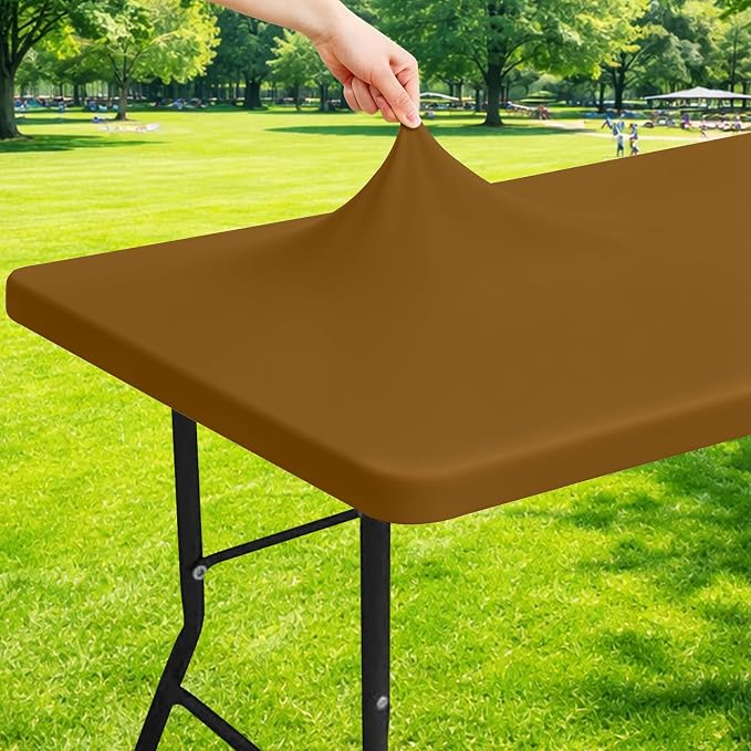 Moosfor Spandex 8 Foot Rectangle Table Cloth, Elastic Fitted Tablecloths for Picnic, Stretch Washable Patio Table Cover for Outdoor, Camping, Banquet and Parties (Dark Brown, 30"x96")