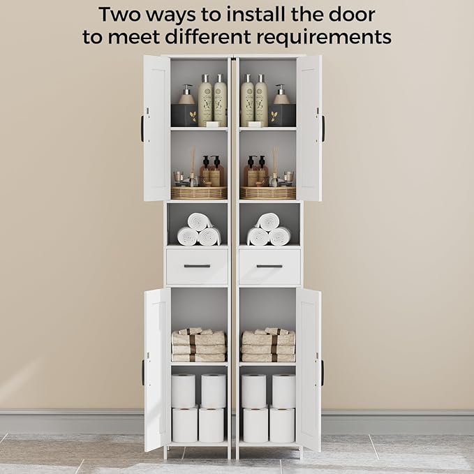 Homhedy 67" H Tall Bathroom Storage Cabinet with Barn Doors and Drawer | Narrow Storage Unit with Adjustable Shelves, Floor Cabinet for Bathroom, Living Room, Entryway or Kitchen, White, 11.8" W