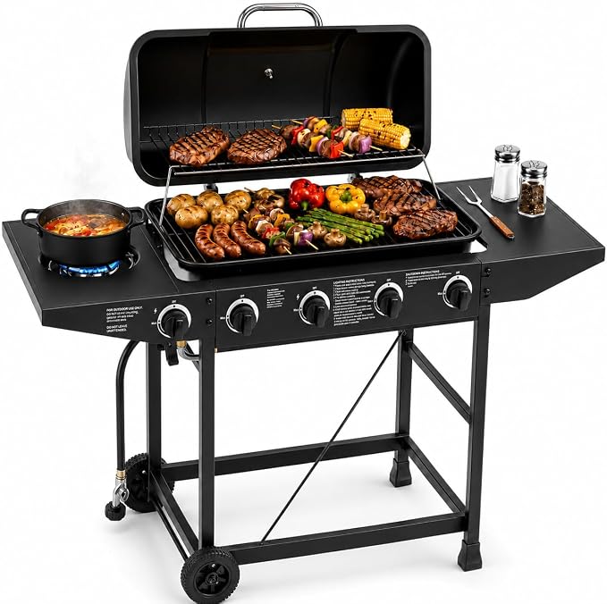 4-Burner Outdoor Propane Gas Grill with Side Burner, 42,000 BTU, Porcelain-Enameled Grates, 534 Sq. In. Cooking Area, Piezo Ignition and Wheels