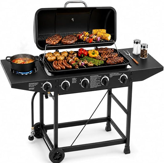 4-Burner Outdoor Propane Gas Grill with Side Burner, 42,000 BTU, Porcelain-Enameled Grates, 534 Sq. In. Cooking Area, Piezo Ignition and Wheels