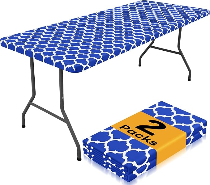 Smiry 2 Pack Rectangle Table Cloth 8 Foot, Waterproof Elastic Fitted Tablecloths, Windproof Washable Polyester Table Cover for Picnic, Camping, Outdoor (Blue, 30"x96")