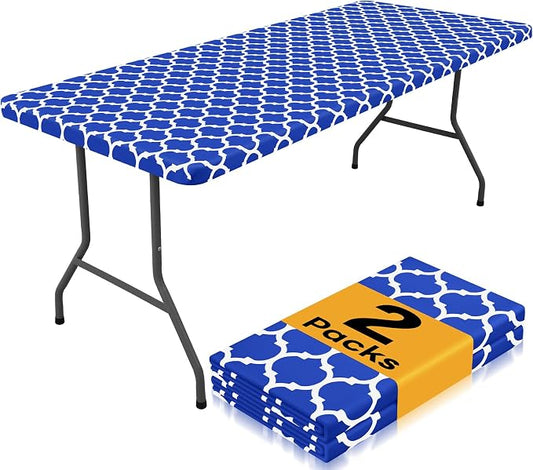 Smiry 2 Pack Rectangle Table Cloth 4 Foot, Waterproof Elastic Fitted Tablecloths, Windproof Washable Polyester Table Cover for Picnic, Camping, Outdoor (Blue, 30"x48")