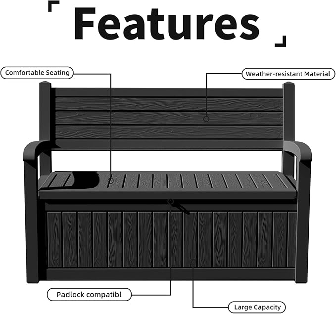 PatioZen 80 Gallon Outdoor Storage Bench Deck Box Waterproof Lockable,Outdoor Storage Furniture for Patio,Garden and Porch,Tools and Cushions（ Black Stripe）