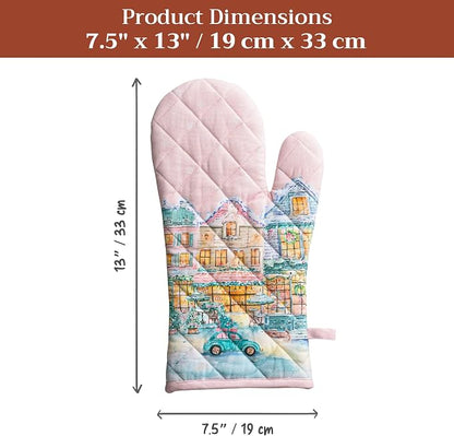 Maison d'Hermine Oven Gloves 100% Cotton Oven Mitt (7" x 13", Pack of 1) | With Loop Heat Resistant BBQ Cooking Gloves Baking Kitchen Handling Hot Pans Thanksgiving Christmas - Christmas Market - Pink